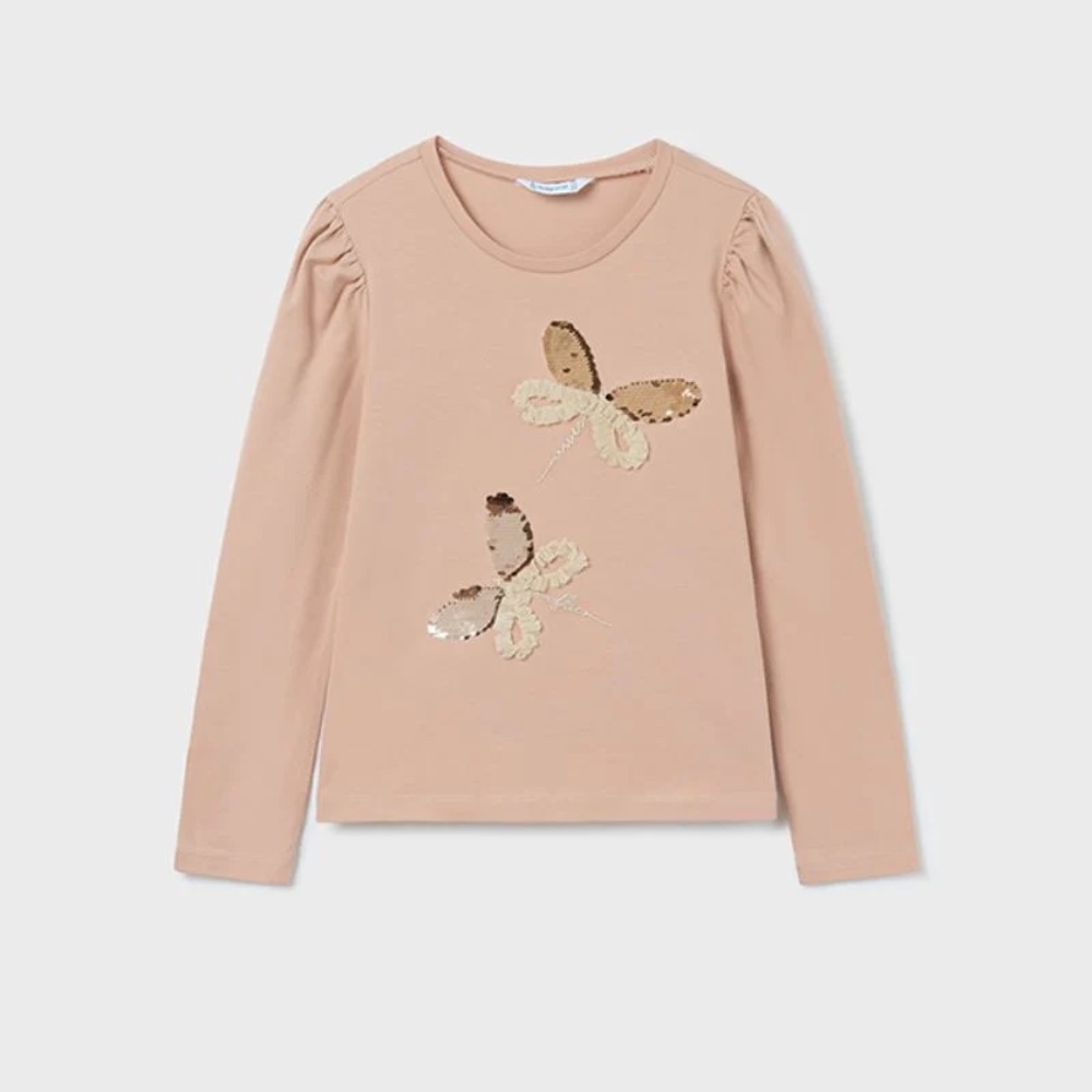 Size 12 Girls Mayoral Tan Long Sleeve Tee with Sequin Butterflies